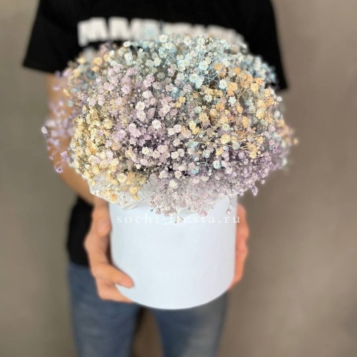 9 Радужных гипсофил в шляпной коробке в Краснодаре