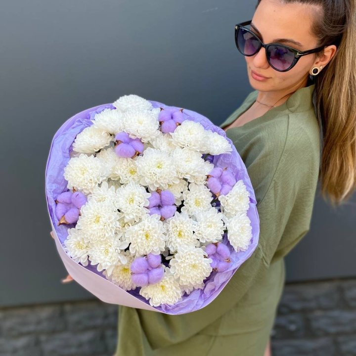  Букет  хризантем и хлопка в Краснодаре