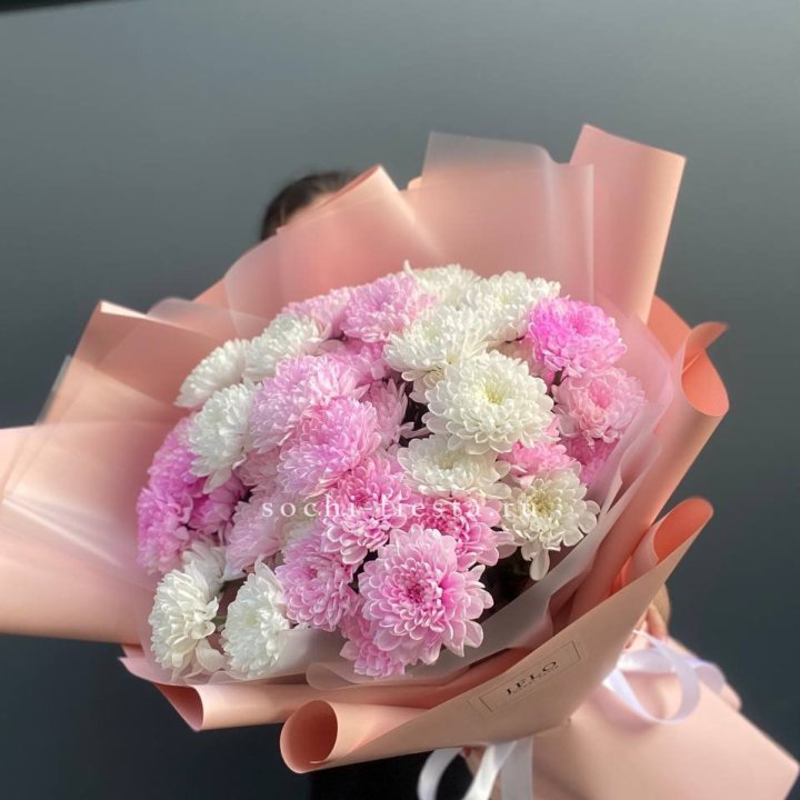  Букет бело-розовых хризантем  в Краснодаре